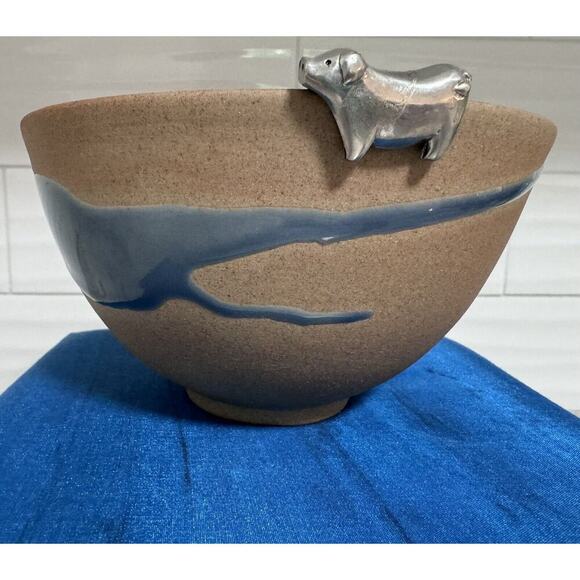 Vintage Rare Siam Celadon Thailand Pottery Wood Ash Glaze Bowl Metal Rim Pig NOS - Picture 7 of 14